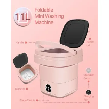 Portable Washing Machine, 11L Upgraded Large Capacity Foldable Mini Washer, Small Washing Machine for Apartments Travel Laundry Camping RV Dorm, Pink