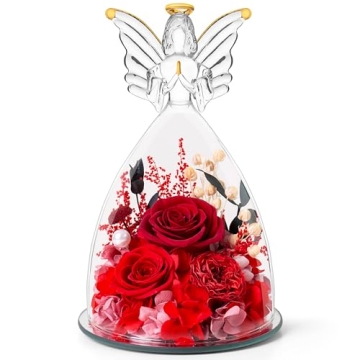 Christmas Angel Roses Gifts for Mom,Preserved Real Flowers Red Roses in Glass Angel Figurines, Chris...