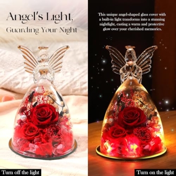 Christmas Angel Roses Gifts for Mom,Preserved Real Flowers Red Roses in Glass Angel Figurines, Christmas Birthday Gifts for Grandma Her Women Mom Wife Mother in Law.