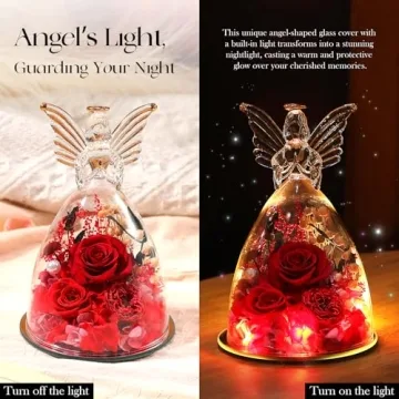 Christmas Angel Roses Gifts for Mom,Preserved Real Flowers Red Roses in Glass Angel Figurines, Christmas Birthday Gifts for Grandma Her Women Mom Wife Mother in Law.