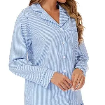 LUBOT 100% Cotton Pajamas for Women 2PC PJ Set Soft Pajama Set Woven Long Sleeve Button-Down Two Piece Printed Sleepwear Loungewear Set (Blue Stripe, M)