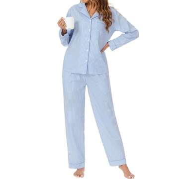 LUBOT 100% Cotton Pajamas for Women 2PC PJ Set Soft Pajama Set Woven Long Sleeve Button-Down Two Piece Printed Sleepwear Loungewear Set (Blue Stripe, M)