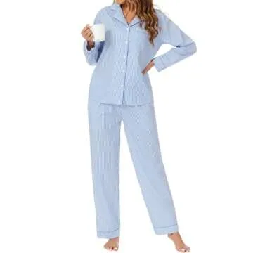 LUBOT 100% Cotton Pajamas for Women 2PC PJ Set Soft Pajama Set Woven Long Sleeve Button-Down Two Piece Printed Sleepwear Loungewear Set (Blue Stripe, M)