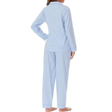 LUBOT 100% Cotton Pajamas for Women 2PC PJ Set Soft Pajama Set Woven Long Sleeve Button-Down Two Piece Printed Sleepwear Loungewear Set (Blue Stripe, M)