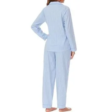 LUBOT 100% Cotton Pajamas for Women 2PC PJ Set Soft Pajama Set Woven Long Sleeve Button-Down Two Piece Printed Sleepwear Loungewear Set (Blue Stripe, M)