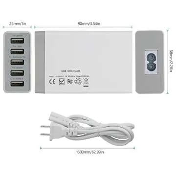 Desktop 5 Port USB Wall Charger 40W 8A, USB Hub Charging Station for Multiple Devices, Protable Multi Port USB Charger for Cell Phone, Tablet, Android Smart Phone and More