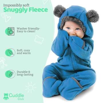 Fleece Baby Bunting Bodysuit – Infant One Piece Kids Hooded Romper Outerwear Toddler Jacket Bear - Blue 6-12 Months