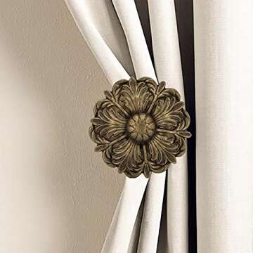 MERIVILLE Set of 2 Fleur Window Drapery Medallion Holdbacks, Curtain Tiebacks, Wall Hook, Tassel Hol...