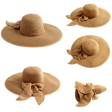 Lanzom Womens 5.5 Inches Big Bowknot Straw Hat Large Floppy Foldable Roll up Beach Cap Sun Hat UPF 5...