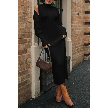PRETTYGARDEN Womens Fall 2 Piece Outfits Bodycon Maxi Tank Pullover Sweater Dress And Long Sleeve Cropped Cardigan Knit Sets (Black,Small)