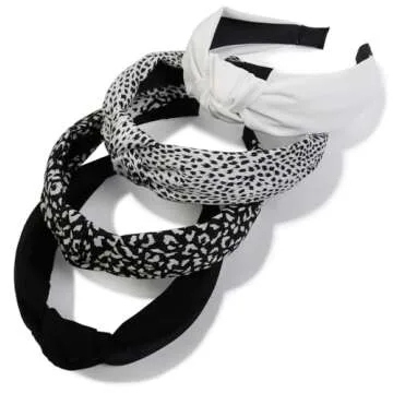 Knotted Headbands for Women: Non-Slip Fashion Hair Accessories with Cute Wide Top Knot Hoops for Hair in Black, White, and Leopard Print