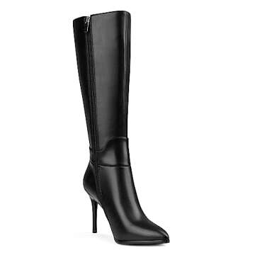 MERUMOTE Women's Genuine Leather Pointed Toe Zipper Stiletto Fashion Dress Party Knee High Boots Bla...