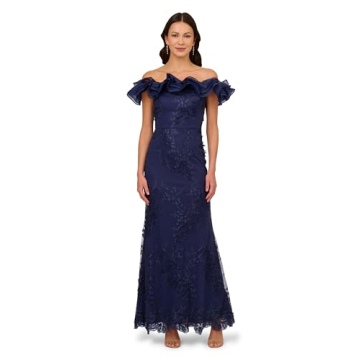 Adrianna Papell Women's Floral Ruffle Gown, Light Navy, 12