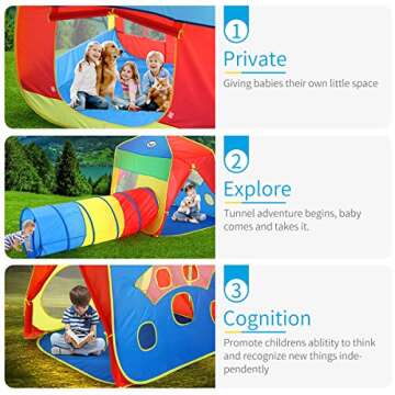 Playhouse Tents Pop-up Play Tent with Tunnel for Kids, Girls & Boys,3-in-1 Portable Big Playhut Tent with Carrying Case for Indoor & Outdoor