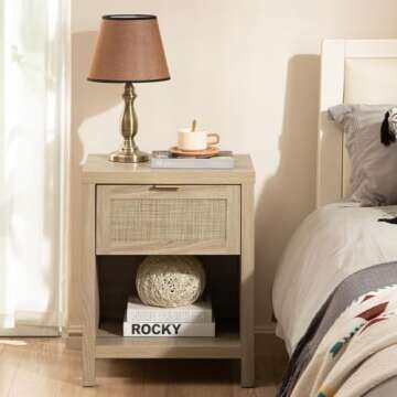 SICOTAS Rattan Nightstands Set of 2, Farmhouse Night Stands with Drawer Bedside Table - Boho End Tab...