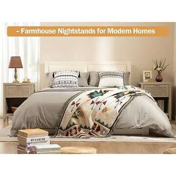 SICOTAS Rattan Nightstands Set of 2, Farmhouse Night Stands with Drawer Bedside Table - Boho End Table Side Table Accent Table for Bedroom, Light Oak Wood