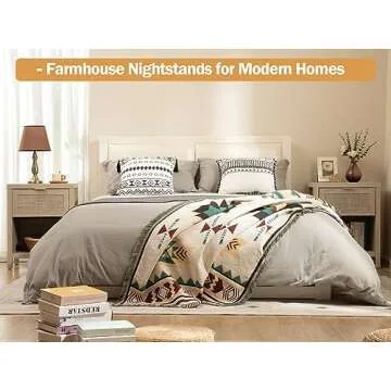 SICOTAS Rattan Nightstands Set of 2, Farmhouse Night Stands with Drawer Bedside Table - Boho End Table Side Table Accent Table for Bedroom, Light Oak Wood