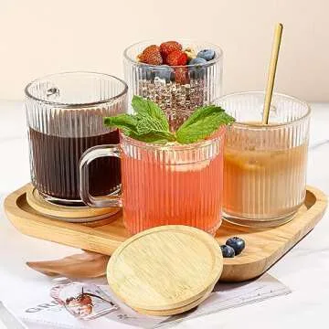 Elegant Ribbed Glass Coffee Mugs Set with Bamboo Lids