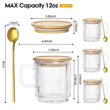 Elegant Ribbed Glass Coffee Mugs Set with Bamboo Lids