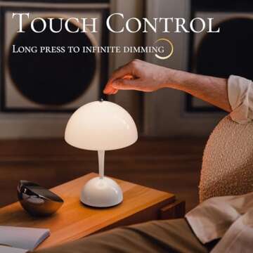 ONEWISH Cordless Table Lamps Set of 2 - Portable Touch Mushroom Lamp with Dimmer, Rechargeable Night...