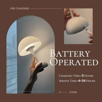 ONEWISH Cordless Table Lamps Set of 2 - Portable Touch Mushroom Lamp with Dimmer, Rechargeable Nightstand Lamp Night Light for Kids, Small LED Lamp, for Christmas Birthday, White