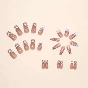 IMSOHOT Coffin Press on Nails Long Acrylic Fake Nails French Ballerina False Nails Glue on Nails Glossy Full Cover Nude Glitter Nails with Pink Heart Designs 24PCS