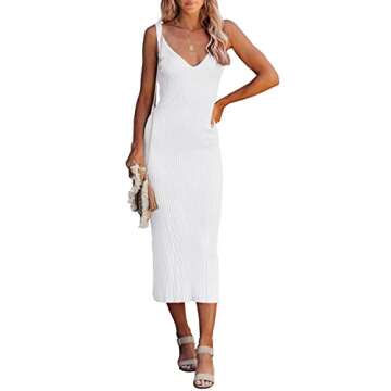 MEROKEETY Womens 2025 Summer V Neck Knit Midi Dress Bodycon Sleeveless Ribbed Sweater Dresses,White,...