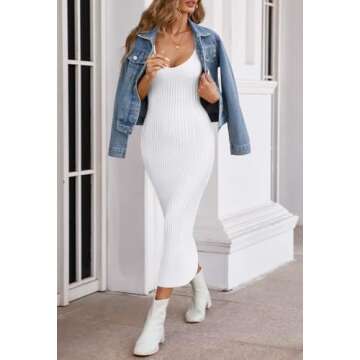 MEROKEETY Womens 2025 Summer V Neck Knit Midi Dress Bodycon Sleeveless Ribbed Sweater Dresses,White,S