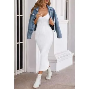 MEROKEETY Womens 2025 Summer V Neck Knit Midi Dress Bodycon Sleeveless Ribbed Sweater Dresses,White,S