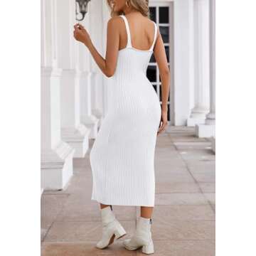 MEROKEETY Womens 2025 Summer V Neck Knit Midi Dress Bodycon Sleeveless Ribbed Sweater Dresses,White,S