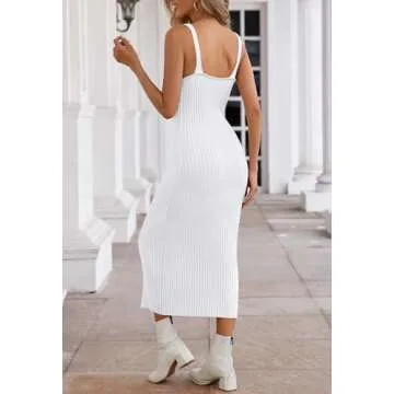 MEROKEETY Womens 2025 Summer V Neck Knit Midi Dress Bodycon Sleeveless Ribbed Sweater Dresses,White,S