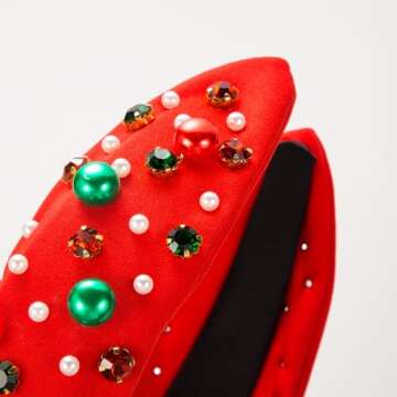 vowyore Christmas Headband for Women Red Green Pearl Rhinestone Crystal Jeweled Hairband Fashion Elegant Ladies Wide Knot Head Band Christmas Holiday Party Outfit Gifts