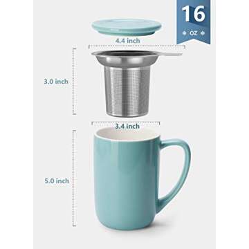 Sweese 16 OZ Porcelain Tea Mug with Infuser and Lid, Loose Leaf Tea Cup, Gifts for Tea Lover, Turquo...