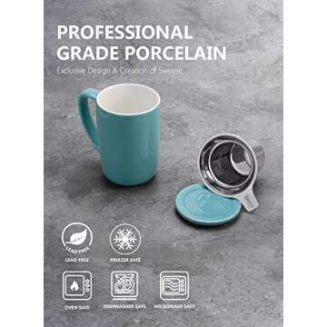 Sweese 16 OZ Porcelain Tea Mug with Infuser and Lid, Loose Leaf Tea Cup, Gifts for Tea Lover, Turquoise