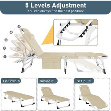 Slsy Sleeping Cots for Adults, 5-Position Folding Chaise Lounge Chairs Outdoor, Portable Folding Bed...