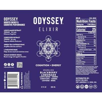Odyssey Elixir Functional Beverage - Adaptogen Drink with Lions Mane, Cordyceps, L Theanine & Green Tea Caffeine - for Cognition, Energy & Mood Boost - 0 Added Sugar - Blackberry Lemonade - 12 Pack