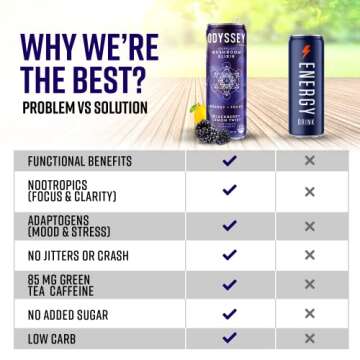 Odyssey Elixir Functional Beverage - Adaptogen Drink with Lions Mane, Cordyceps, L Theanine & Green Tea Caffeine - for Cognition, Energy & Mood Boost - 0 Added Sugar - Blackberry Lemonade - 12 Pack
