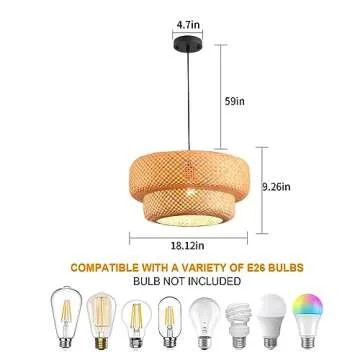 hualuosi Bamboo Pendant Light Kitchen Island, 18.12in Rattan Chandelier 2-Tier Boho Hand-Woven Wicke...