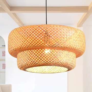 hualuosi Bamboo Pendant Light Kitchen Island, 18.12in Rattan Chandelier 2-Tier Boho Hand-Woven Wicker Lighting Fixtures Coastal Hanging Ceiling Lights for Dining Room Restaurants Bedroom Foyer Bar