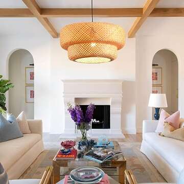 hualuosi Bamboo Pendant Light Kitchen Island, 18.12in Rattan Chandelier 2-Tier Boho Hand-Woven Wicker Lighting Fixtures Coastal Hanging Ceiling Lights for Dining Room Restaurants Bedroom Foyer Bar