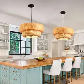 hualuosi Bamboo Pendant Light Kitchen Island, 18.12in Rattan Chandelier 2-Tier Boho Hand-Woven Wicker Lighting Fixtures Coastal Hanging Ceiling Lights for Dining Room Restaurants Bedroom Foyer Bar