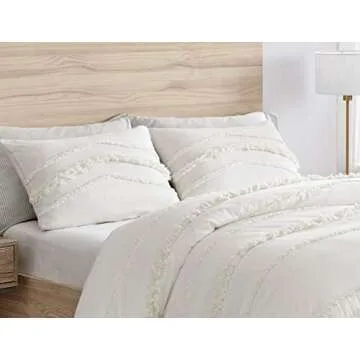 Sweet Jojo Designs Bohemian Boho Chic Ivory Macrame Tufted Tassel 3 pc. Full / Queen Size Bed Bedding Set Duvet Comforter Cover Sham Textured Minimalist Off White Cotton Fringe Farmhouse Neutral