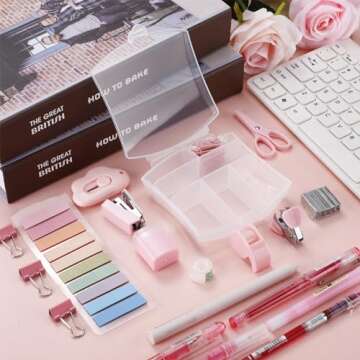 Colarr Mini Office Supply Kit Includes Stapler Tape Dispenser Staple Remover Paper Clips Scissor Staples Pen Sharpener Note Small Telescopic Knife for Office and School Clerk Student (Pink)