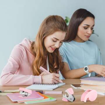 Colarr Mini Office Supply Kit Includes Stapler Tape Dispenser Staple Remover Paper Clips Scissor Staples Pen Sharpener Note Small Telescopic Knife for Office and School Clerk Student (Pink)