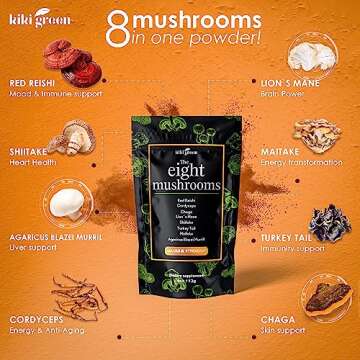 KIKI Green 8 Mushrooms Powder Extract - 4 oz Adaptogenic Complex for Coffee and Smoothies - Lion's M...