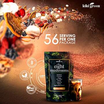 KIKI Green 8 Mushrooms Powder Extract - 4 oz Adaptogenic Complex for Coffee and Smoothies - Lion's Mane, Chaga, Reishi, Cordyceps, Maitake, Shiitake - Focus and Energy
