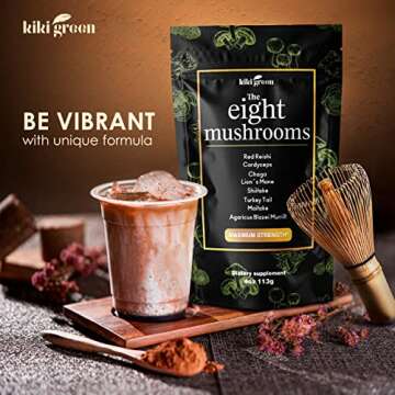 KIKI Green 8 Mushrooms Powder Extract - 4 oz Adaptogenic Complex for Coffee and Smoothies - Lion's Mane, Chaga, Reishi, Cordyceps, Maitake, Shiitake - Focus and Energy