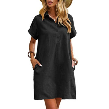 Zeagoo Womens Casual Dress Summer Button Down Shirt Dress Mini Dress Solid Color Cotton Dress Black ...