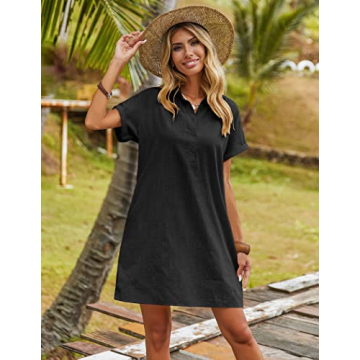 Zeagoo Womens Casual Dress Summer Button Down Shirt Dress Mini Dress Solid Color Cotton Dress Black S