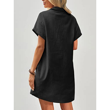 Zeagoo Womens Casual Dress Summer Button Down Shirt Dress Mini Dress Solid Color Cotton Dress Black S